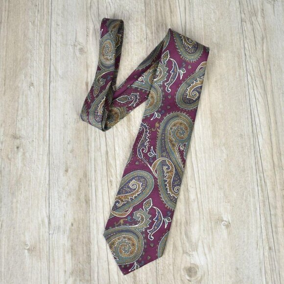 Academia Old Money Designer Christian Dior Cranberry & Green Paisley Silk Tie - Picture 4 of 7